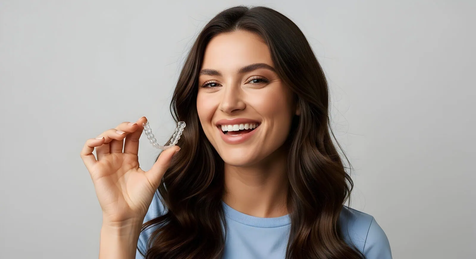 Close-up of a patient holding a clear aligner tray next to her smile